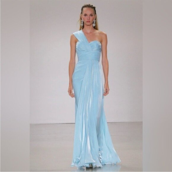 Badgley Mischka One-Shoulder Draped Shimmer Pleated Chiffon Evening Gown Size 12 - Picture 12 of 12